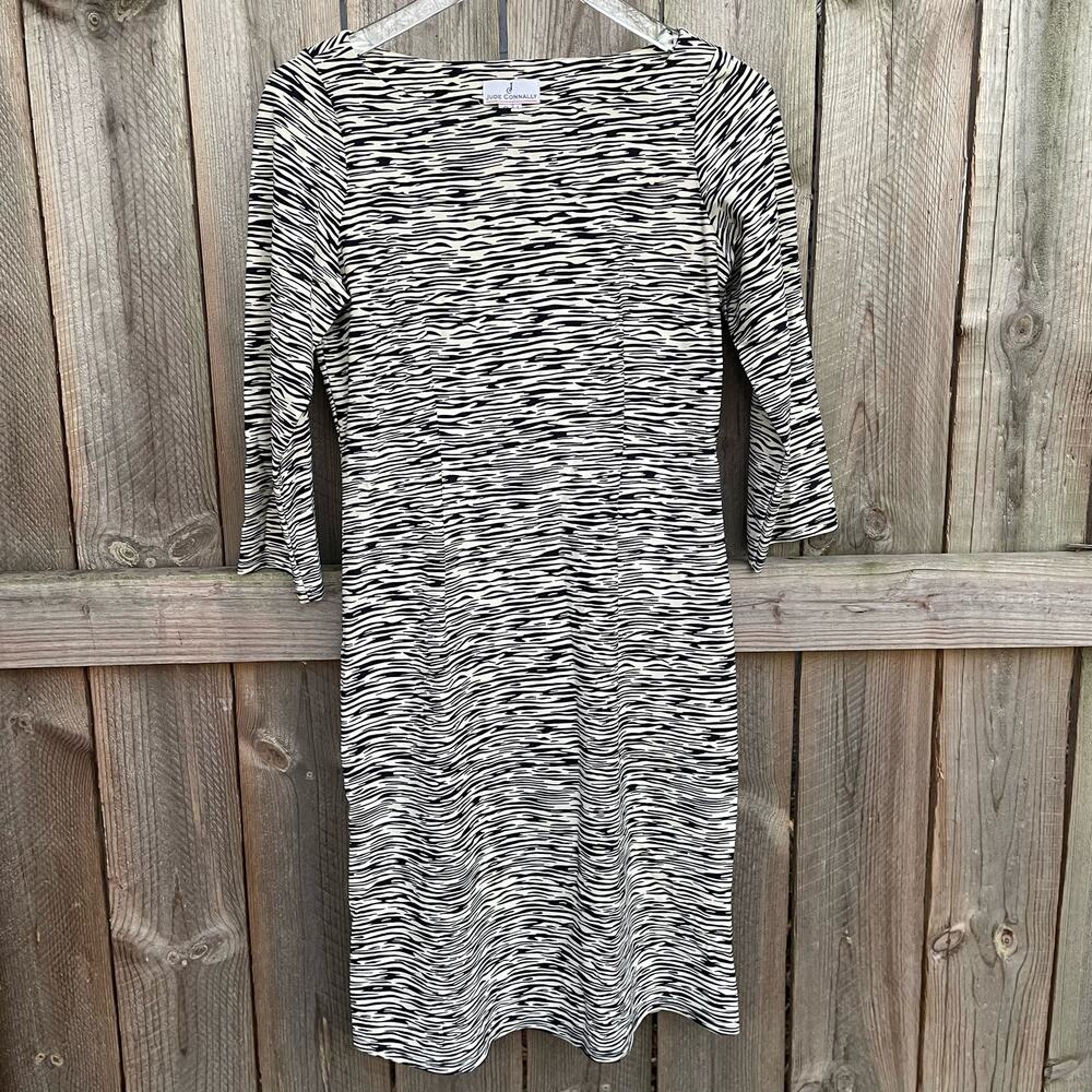 Jude Connally Women Sheath Dress Boat Neck 3/4 Sleeve Pullover Cream Black Small